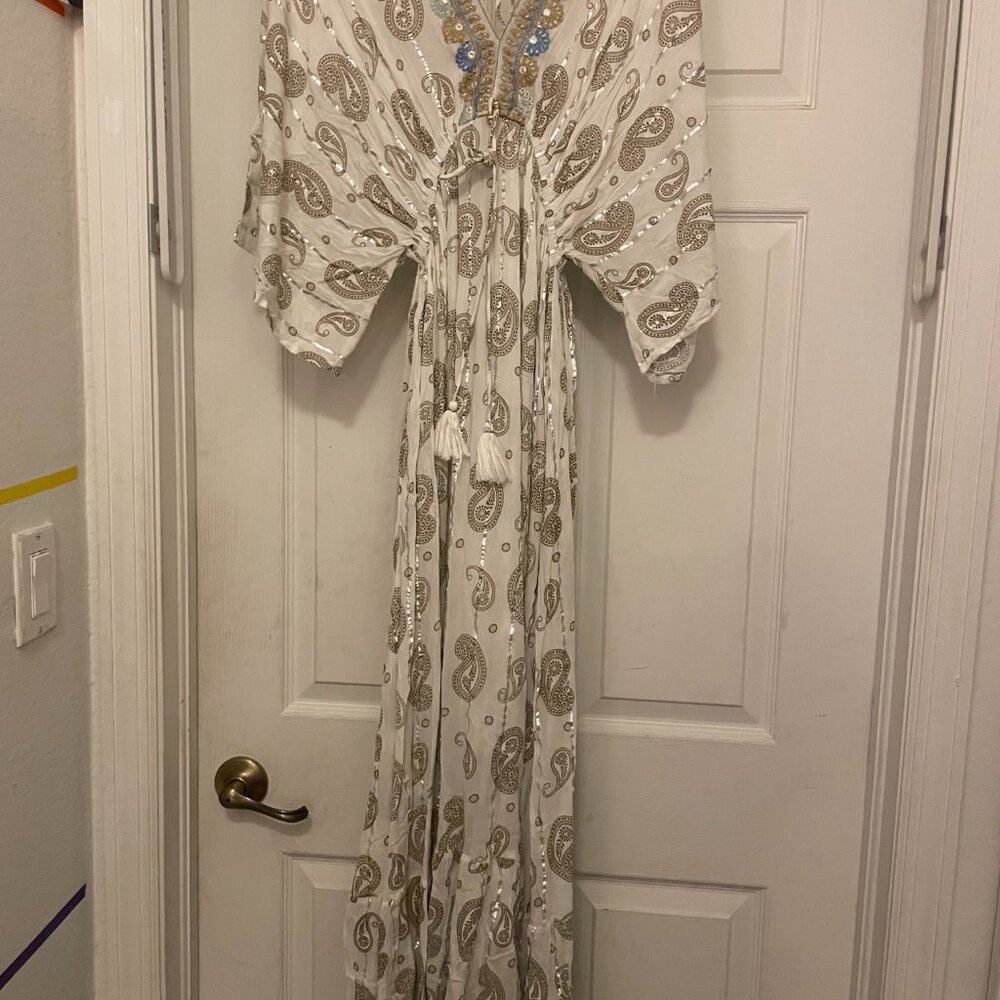 Beautiful Ivory Boho Print Maxi Dress | Plunge Halter | Linen | Size Small NWT